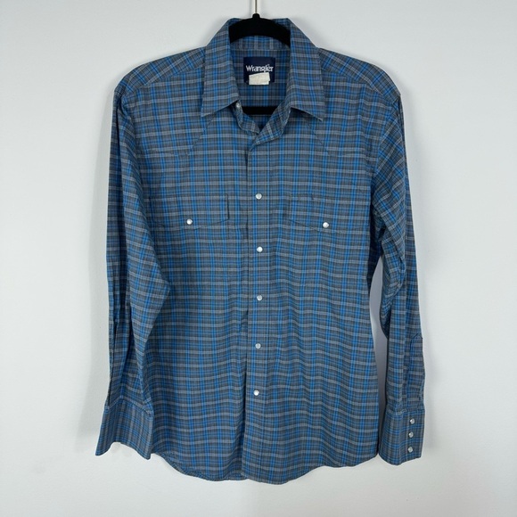 Wrangler Pearl Snap Blue Plaid Long Sleeve Button Down Western Rodeo Top - Picture 1 of 4